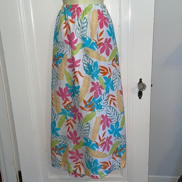 Hot Cotton linen maxi skirt with multi colored tropical leaf design - Picture 1 of 7